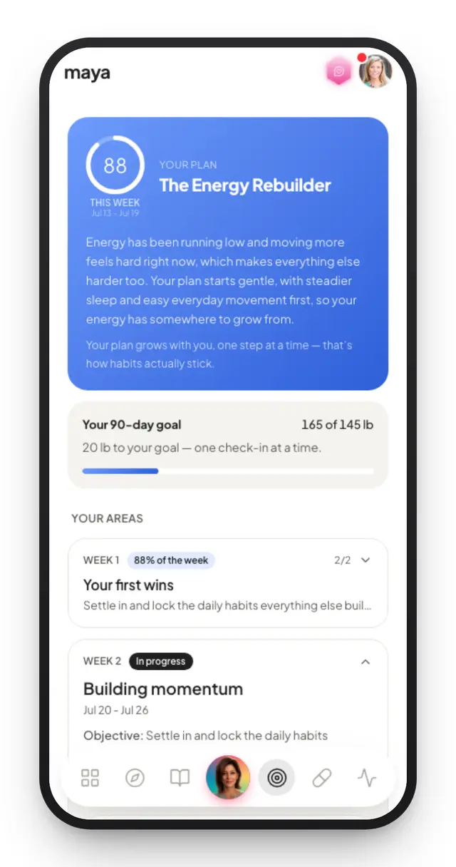Maya's weekly plan screen: a named plan with a weekly score and week-by-week focus areas
